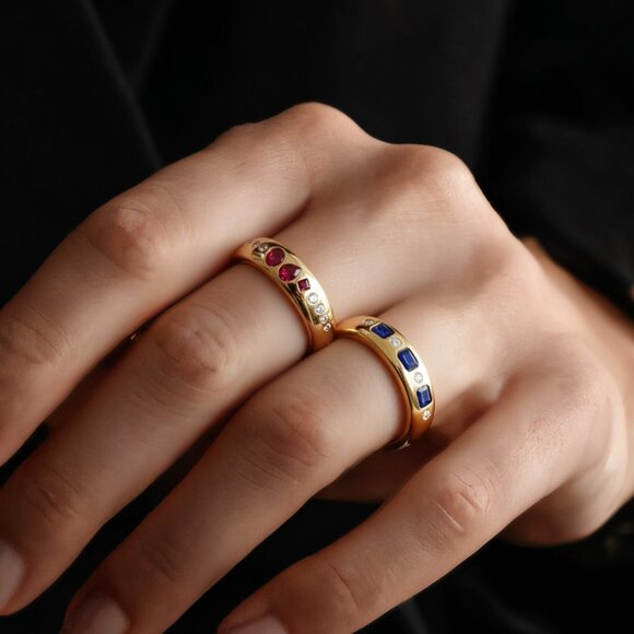 Emerald-Cut 14K (18k upon request) Yellow Gold Blue Sapphire Diamond Band Ring - Picture 3 of 6